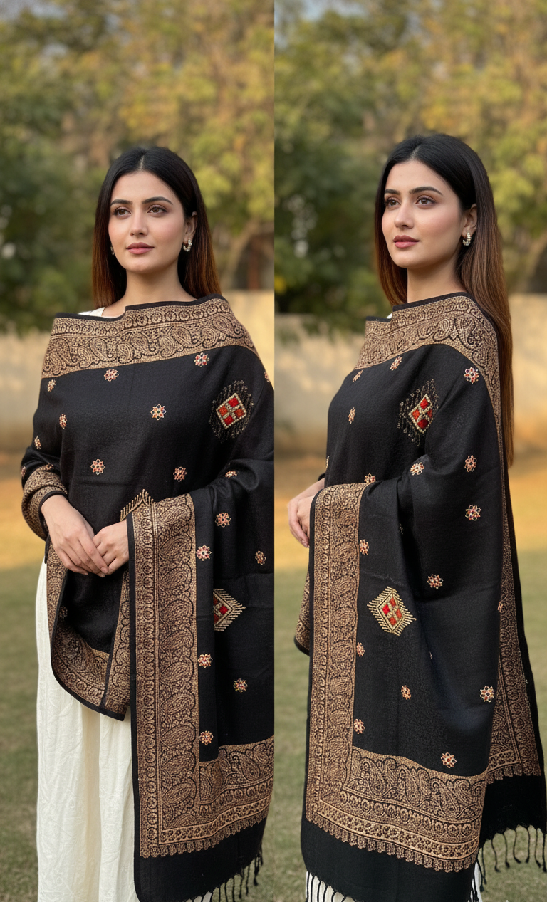 100% Pure Acro Wool Shawl – Maroon, Black & Peach