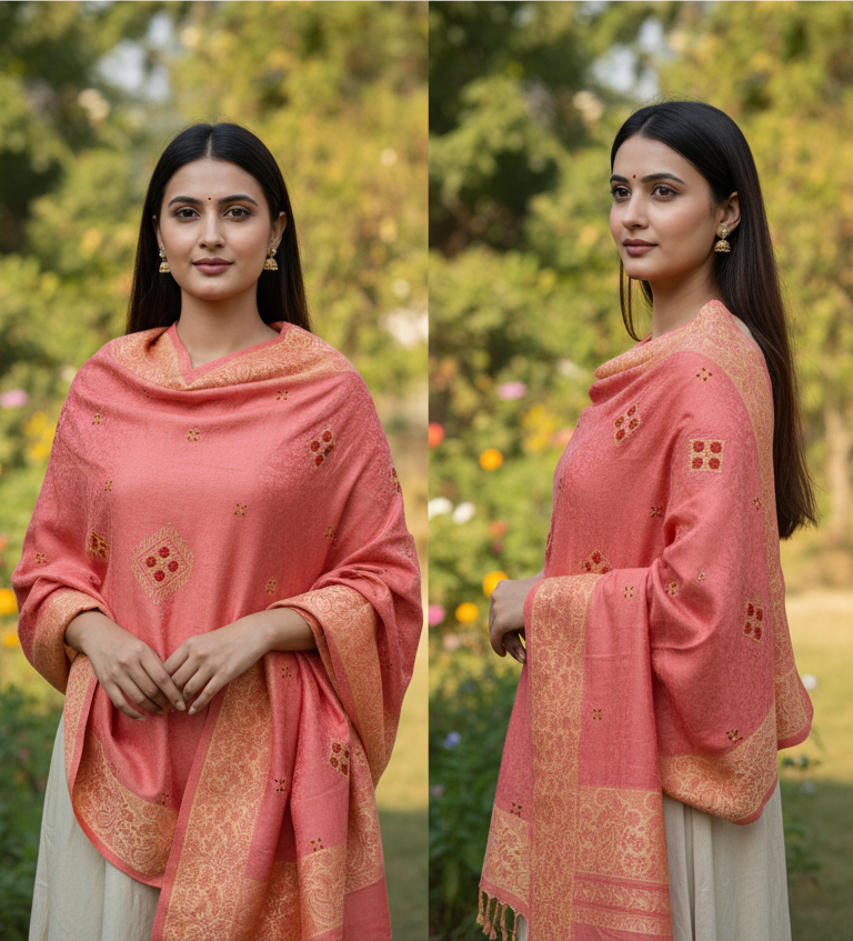 100% Pure Acro Wool Shawl – Maroon, Black & Peach