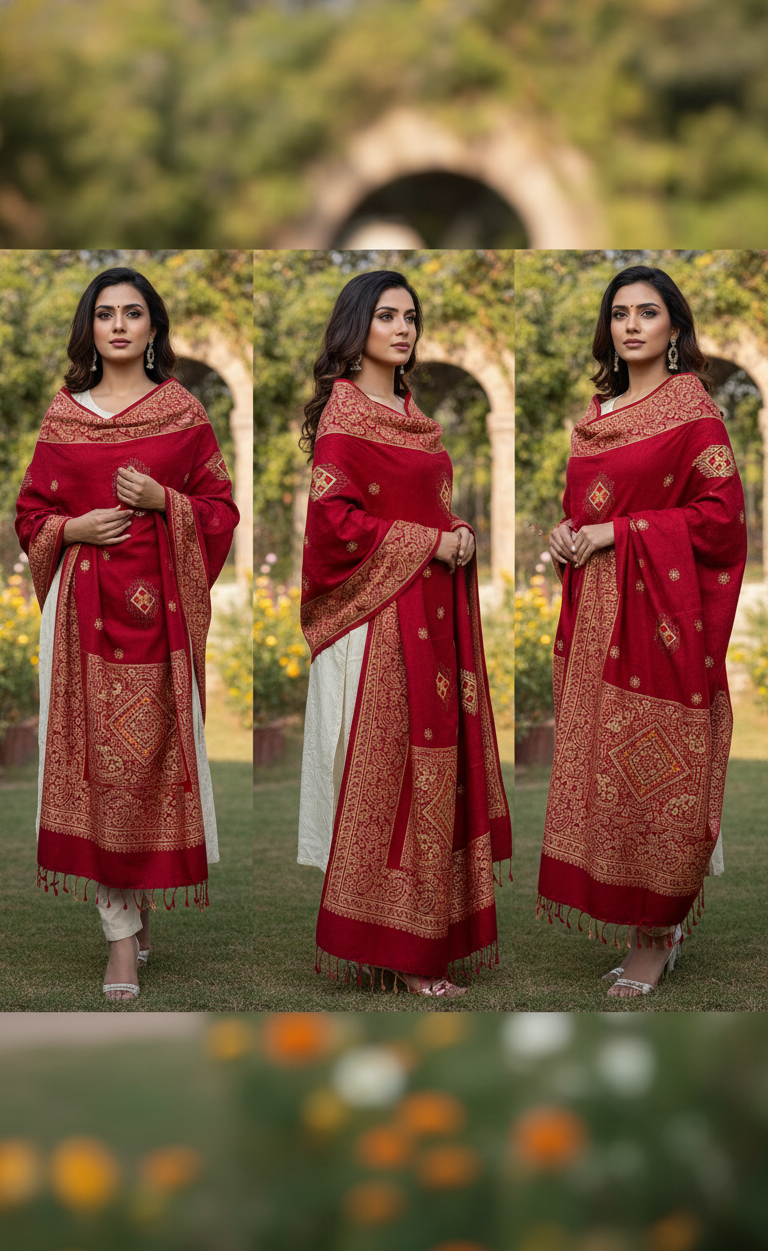 100% Pure Acro Wool Shawl – Maroon, Black & Peach